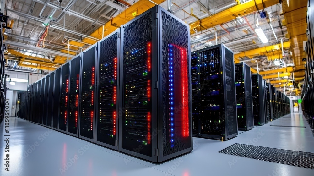 Poster futuristic data center with high-tech server racks and led lights