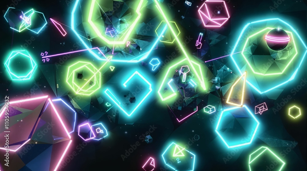Poster colorful abstract neon shapes forming dynamic patterns