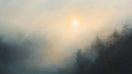 Obraz premium Sunlit Misty Forest Scene At Sunrise