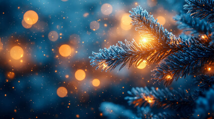 Fototapeta premium Christmas background showing snowy fir tree branches with blurred lights glowing