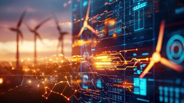 Futuristic Technology Interface with Wind Turbines at Sunset