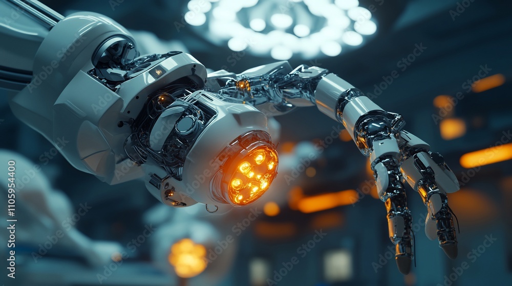 Aufkleber robotic arm with illuminated hand in futuristic medical setting.