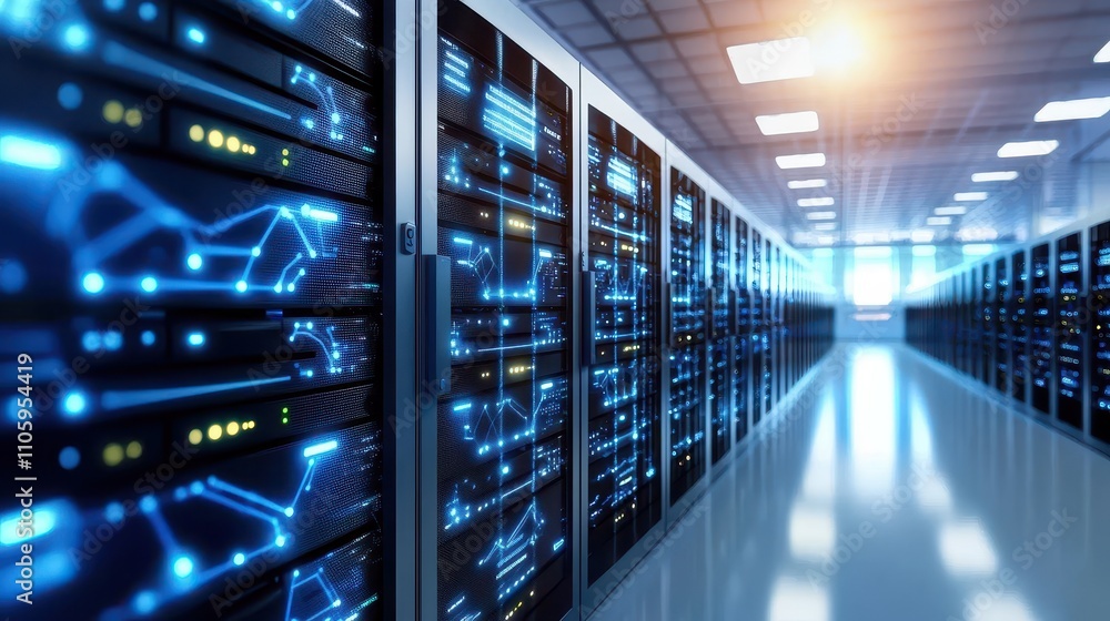 Poster futuristic data center with server racks and digital connections
