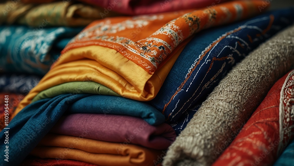 Poster draped colorful textiles in elegant layers.