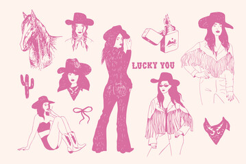 Coquette cowgirl hand drawn illustrations