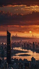 Dreamlike cityscape at sunset with a silhouetted skyline.