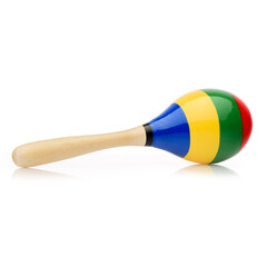 Wooden colored baby rattle isolated on a white background. Bright maracas for a child. Toys for concentration of attention