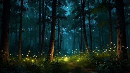 Fototapeta premium Dreamlike forest with fireflies.