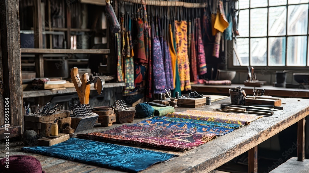 Aufkleber vibrant handmade fabric workshop in progress featuring colorful textiles and tools
