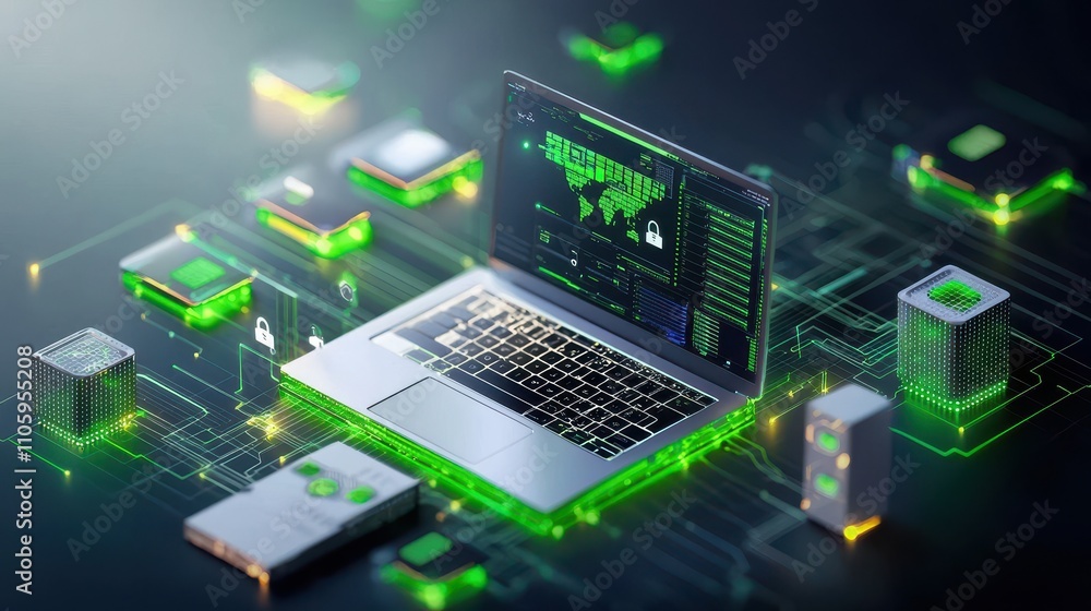 Aufkleber modern laptop surrounded by cybersecurity data and technology graphics