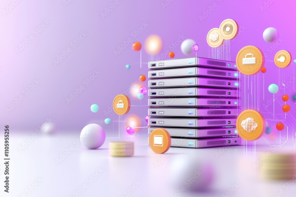 Poster modern data storage server with digital icons and colorful elements