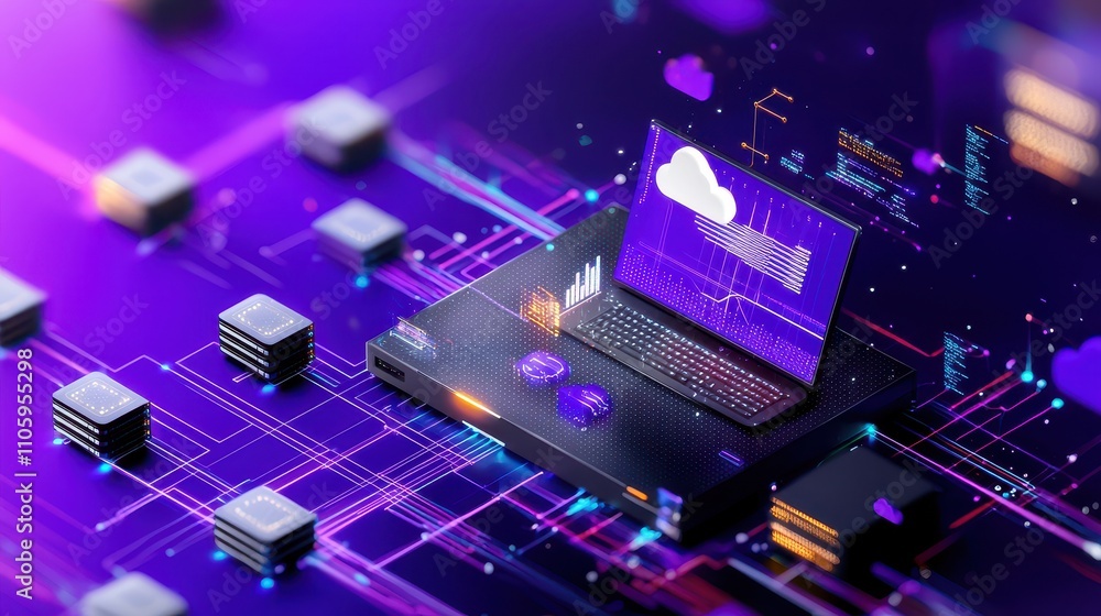 Aufkleber futuristic laptop with cloud data visualization and abstract design