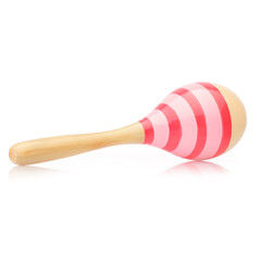 Wooden colored baby rattle isolated on a white background. Bright maracas for a child. Toys for concentration of attention