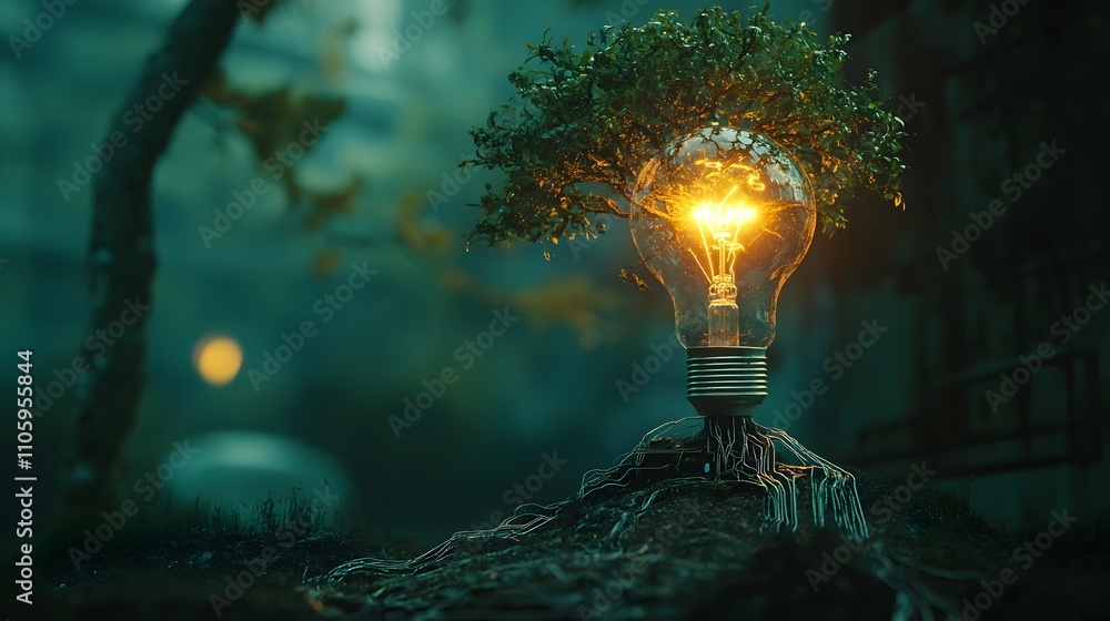 Poster glowing lightbulb with tree growing from it in dark forest.