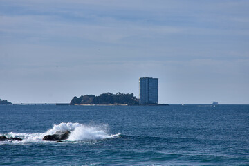 Beautiful seaside view of Toralla island taken from Samil beach in Vigo.