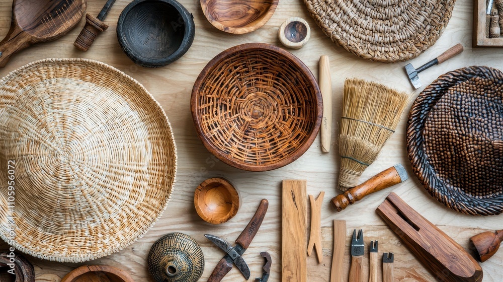 Poster authentic handmade craft items and tools displayed on wooden table for artisans and crafters