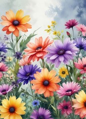 Abstract watercolor painting of colorful flowers in bloom, nature, artistic, texture