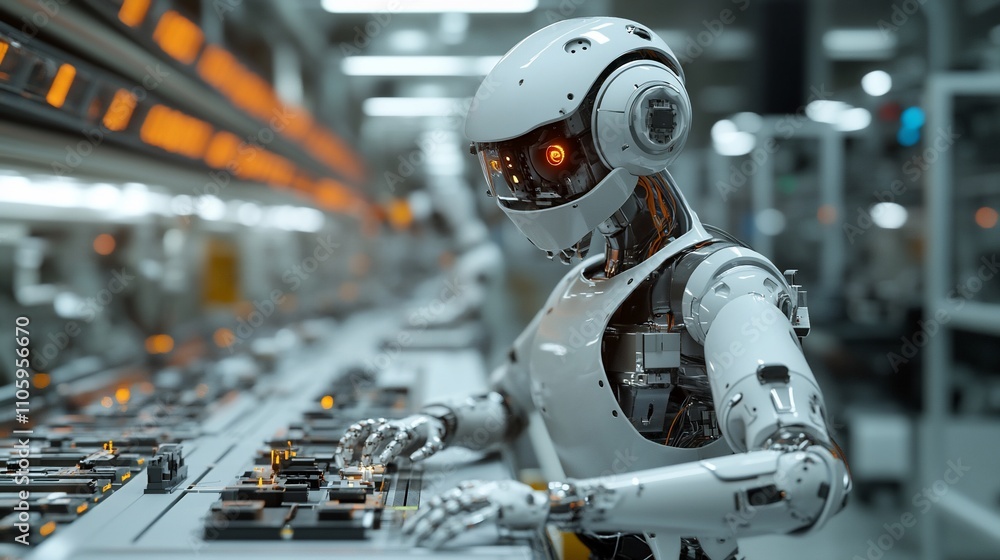 Fototapete advanced robot operating machinery in a factory.