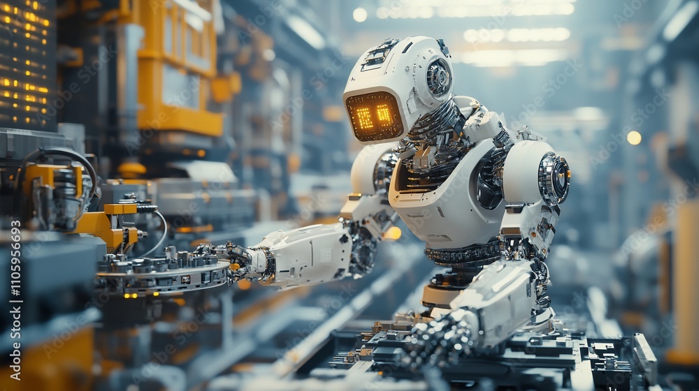 Poster Futuristic robot working on assembly line in factory.