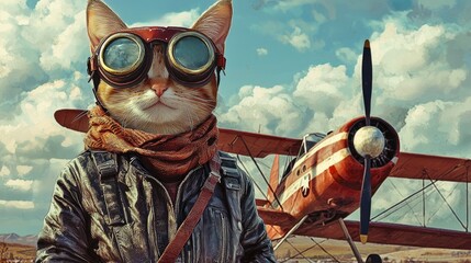 Adventurous Feline Pilot in Vintage Leather Jacket and Aviator Goggles Flying Biplane Airplane