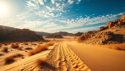 Sandy road leading through a stunning desert landscape.