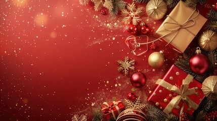 Classic Christmas theme with red and gold ornaments, snowflakes, and presents. Vintage holiday card layout, festive banner concept.