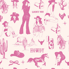 Hand drawn doodle cowboy girl seamless pattern