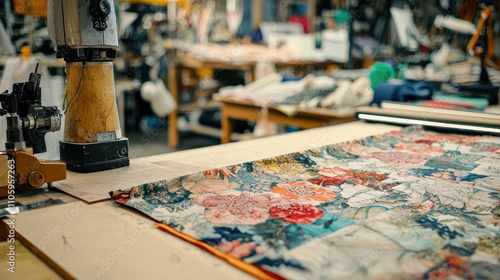 Poster custom handmade fabric pieces displayed on a cutting table in a craft workshop