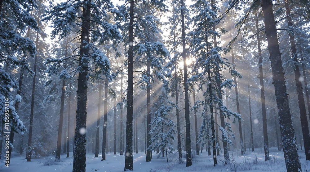 Poster winter forest scene with sunlight streaming through tall trees