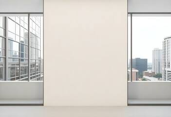 Fototapeta premium A large, empty white wall in a modern interior space with glass windows on either side, providing a view of a cityscape outside.
