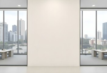 Fototapeta premium A large, empty white wall in a modern interior space with glass windows on either side, providing a view of a cityscape outside.