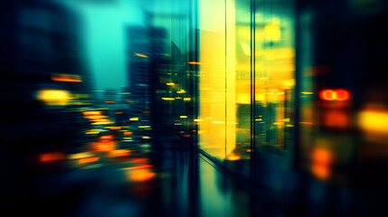Abstract city nightscape, blurred motion, vibrant colors, urban dynamism, glass reflections, night lights, modern architecture, dynamic energy, contemporary feel,  speed and movement.