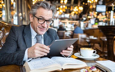 Professional Man Using Tablet in Cafe Setting