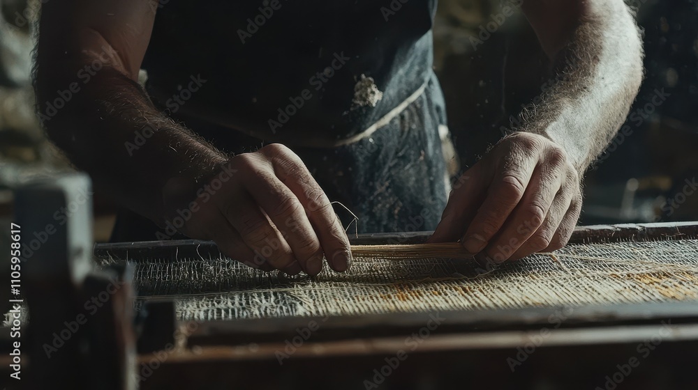 Poster artisan hands threading handmade fabric with precision in a craft workshop environment