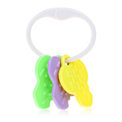 Plastic colored baby rattle isolated on a white background. A bright rattle for a child. Toys for concentration of attention
