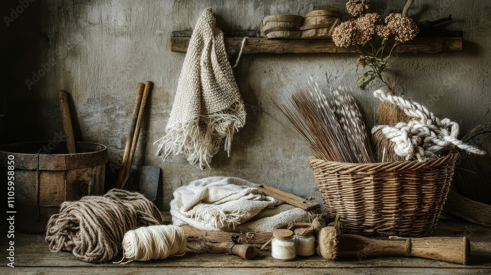 Poster rustic display of natural fibers and tools in a cozy setting for craft enthusiasts