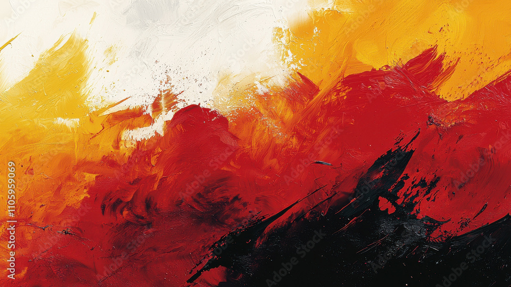 Poster bold brushstroke textures in fiery reds, oranges, and blacks create dynamic and expressive abstract 