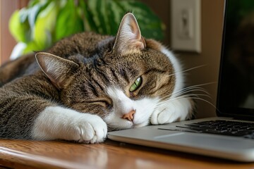 Cat Table Home - A gray tabby cat sits on a table in a home, staring intently at the camera.. Beautiful simple AI generated image