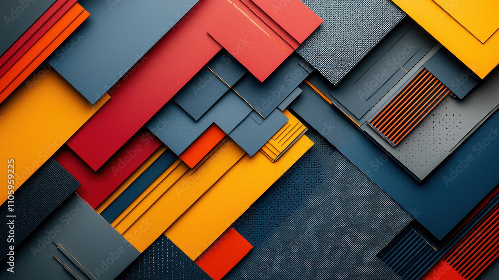Poster colorful geometric shapes overlapping in bold hues create dynamic visual experience. interplay of re