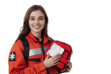 A young female paramedic stands confidently while holding a red first aid kit. Dressed in bright orange attire signifying her role in emergency services, she exudes readiness and professionalism.