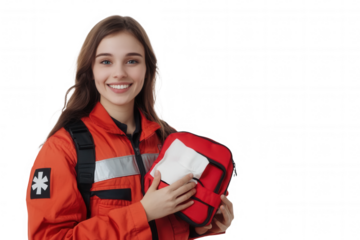 A young female paramedic stands confidently while holding a red first aid kit. Dressed in bright orange attire signifying her role in emergency services, she exudes readiness and professionalism.