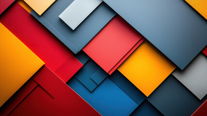 Fototapeta premium Colorful geometric shapes create vibrant composition of overlapping layers in bold hues of red, blue, yellow, and gray, evoking sense of modern design and creativity