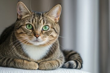 Young playful Russian Blue cat relaxing indoors on a sunny morning. Gorgeous blue-gray cat with green eyes. Family pet at home.. Beautiful simple AI generated image