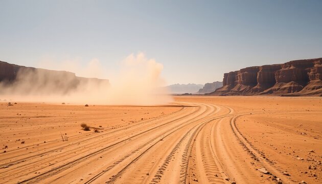 Off road tire tracks in a vast desert landscape.