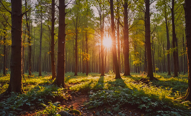 Obraz premium Forest with a sun shining through the trees. The sun is in the sky and the trees are green