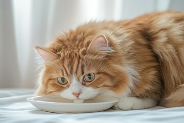 The cat looks curiously, the muzzle close-up. Beautiful simple AI generated image