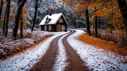 Fototapeta premium snow dusted forest path leads to cozy wooden cabin surrounded by autumn foliage. winding road invites exploration in this serene winter landscape