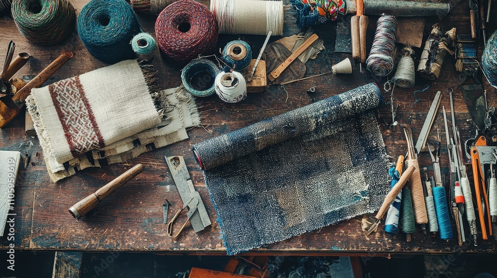 Poster tools and materials on workbench with textiles and circular objects in creative setting