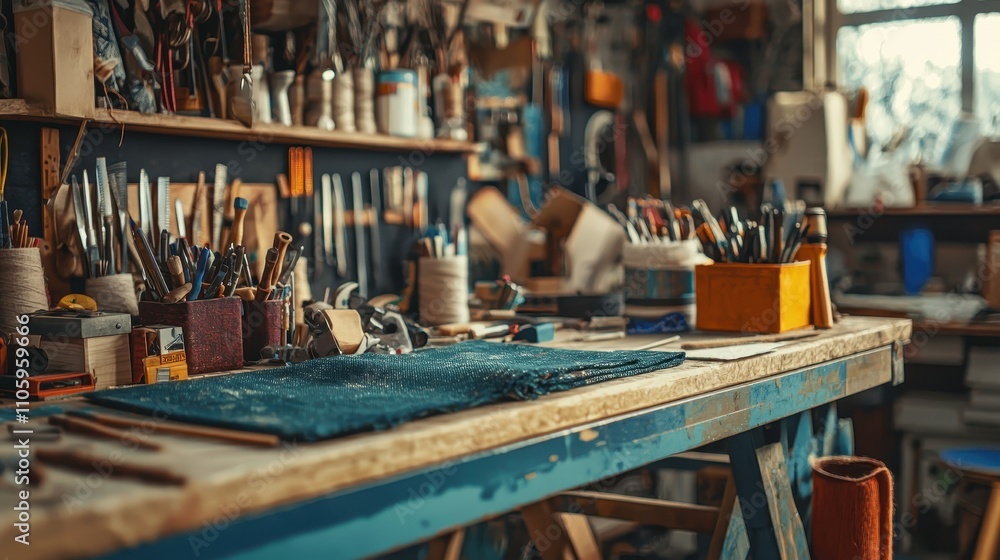 Poster tools and materials arranged on a workbench in a crafting workshop environment