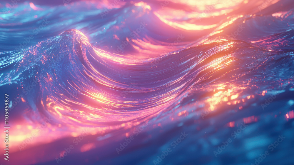 Poster mesmerizing view of iridescent ocean waves, showcasing soft shifting colors that create magical atmo